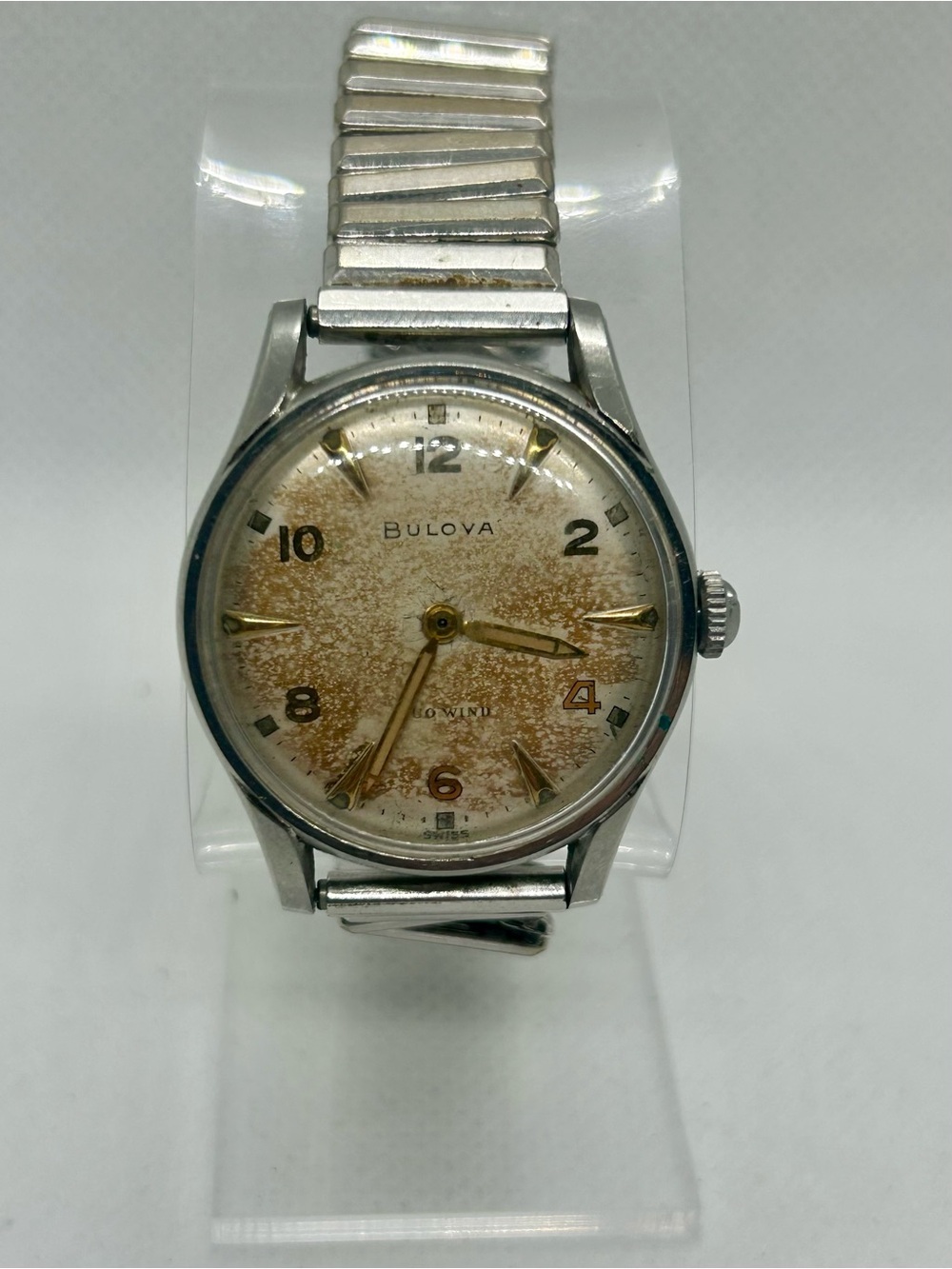 Vintage Bulova Hand Wind Watch Patina Dial Non Running For Repair Restoration